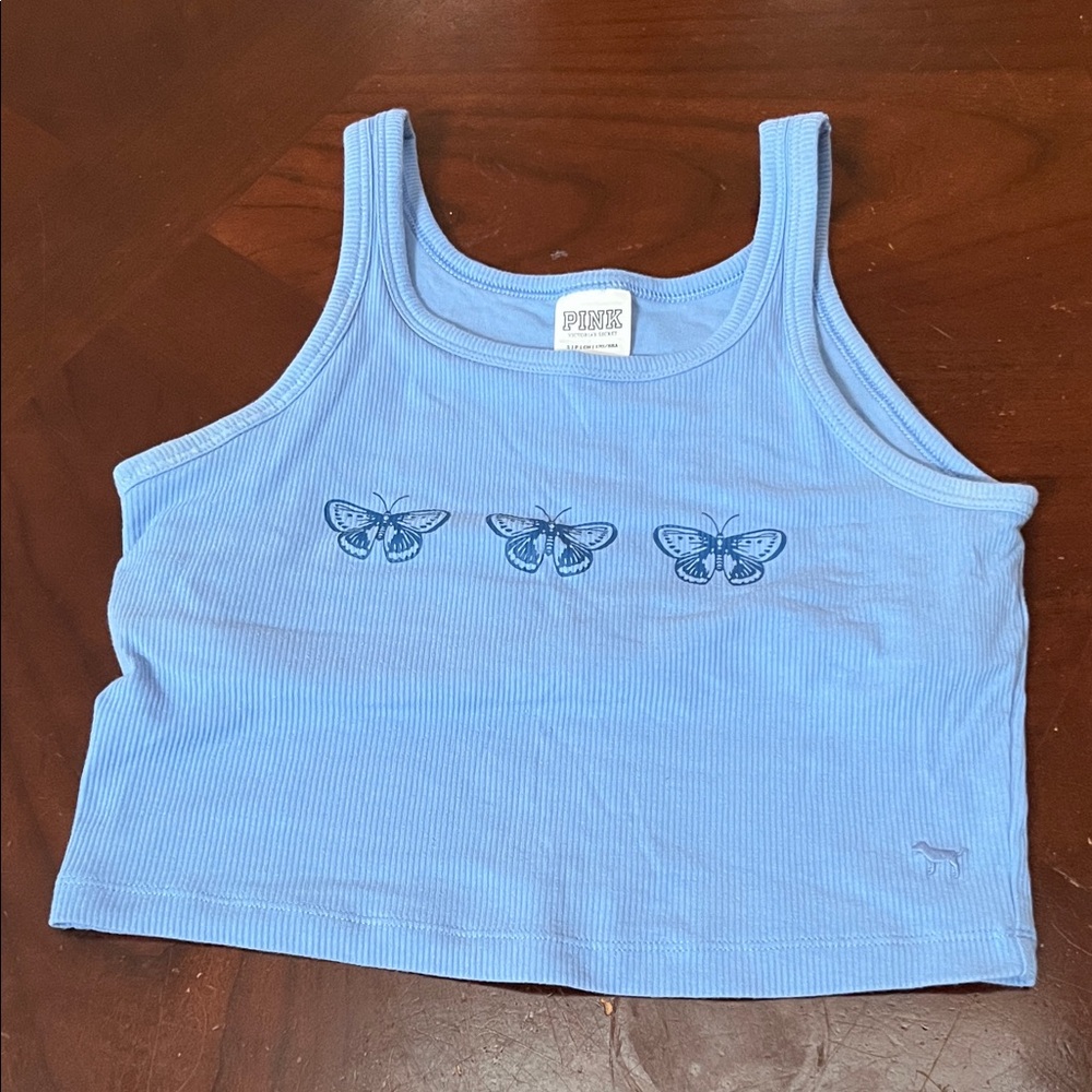PINK Victoria's Secret Blue Tank Top with Butterfly Design